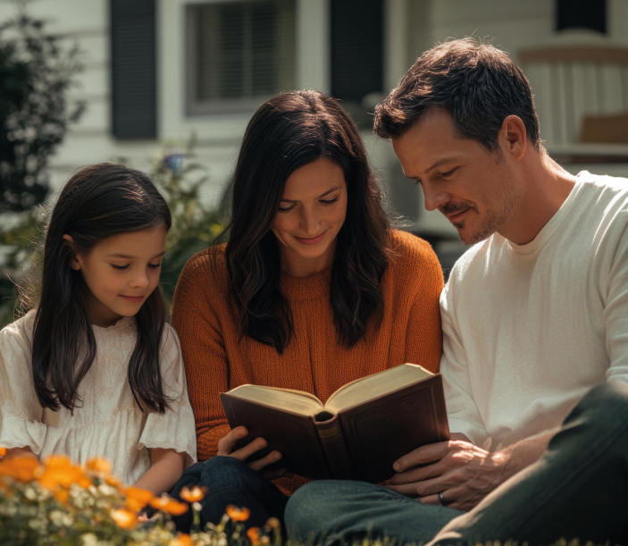 Familia leyendo la Biblia.