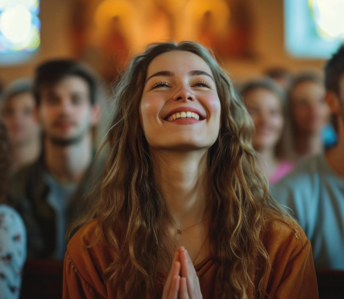 Grupo de catequistas jóvenes orando en una iglesia Católica.