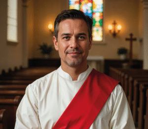Diácono católico con camisón blancoy estola roja en una iglesia.
